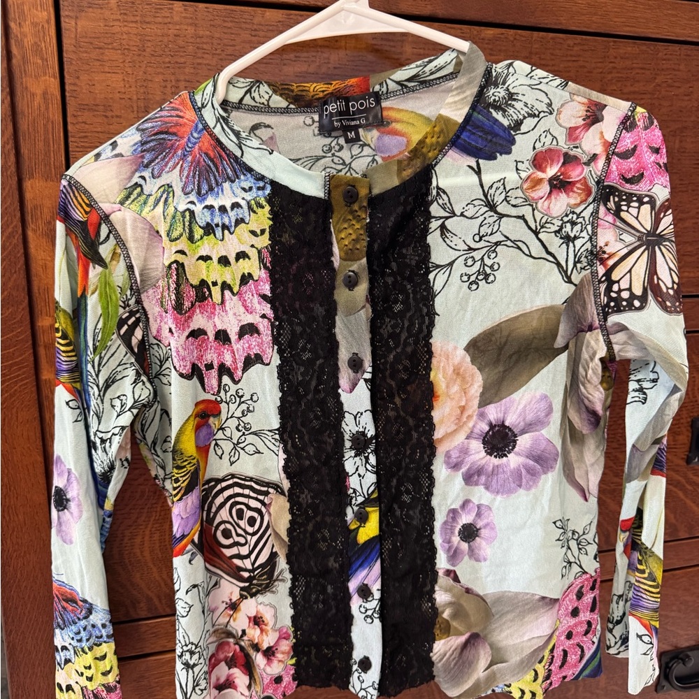 Petit Pois Colorful Floral and Butterfly Cardigan with Lace Detail